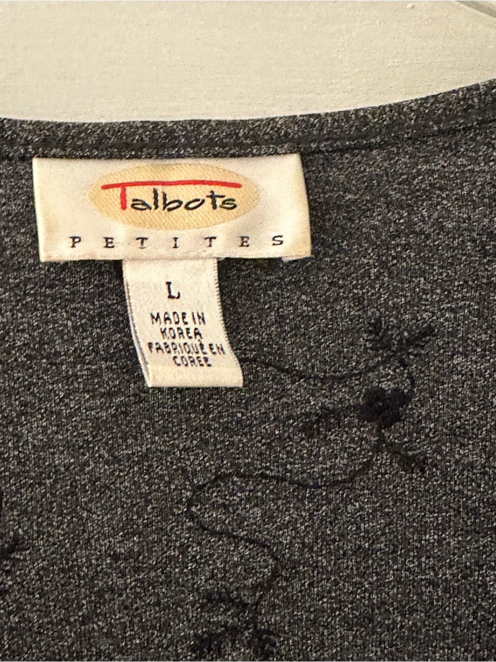 Talbots Gray Petite Crewneck Sweater with Tonal Floral Stitching
